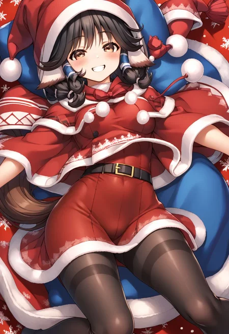 score 9, score 8 up, score 7 up, rating questionable, detailed background, <lora:aruruu.:1>, aruruu,score 9, score 8 up, score 7 up, rating questionable, detailed background, <lora:aruruu.pony:1>, aruruu, santa, medium breasts, wide hips, leggings, argyle, half-closed eyes, heavy blush, grin,
 santa, medium breasts, wide hips, black hair, brown eyes, tail, thighband pantyhose, pantyhose, hood, christmas, brown gloves, pom pom clothes, hair tubes, fur trim, black pantyhose, red leotard, red dress