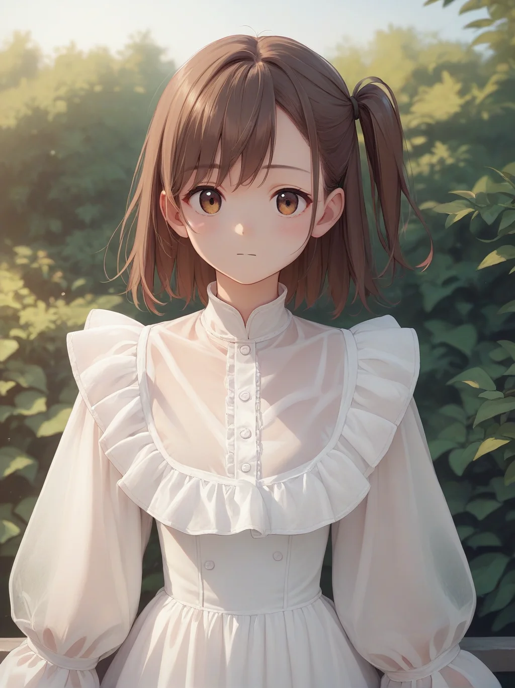 score_9, score_8_up, score_7_up, score_6_up, source_anime, <lora:cutesy_dress_v0.2-pony:1> 
1girl, brown hair, one side up, 
white dress, frilled dress, sleeves past wrists, see-through,
upper body, outdoors,