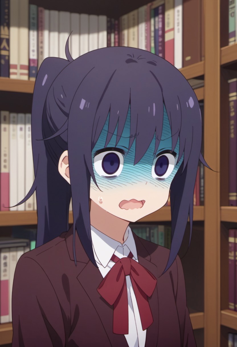 score_9, score_8_up, score_7_up, source_anime, kirie motoba, dark purple hair, dark purple eyes, long hair, 1girl, solo, bookshelf, school uniform, ponytail, open mouth, wavy mouth, shirt, turn pale, shaded face, sweat, ribbon