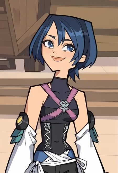 score_9, score_8_up, score_7_up, <lora:AquaPonyV1.0:1>, khaqua, 1girl, solo, blue hair, short hair, spiked hair, blue eyes, smile, bare shoulders, <lora:Total_Drama_Island:1>, purple chest strap, silver chest ornament, arm armor, white detached sleeves, black corset, white laces, blue skirt, white ribbons, black shorts, black thighhighs, sleeveless dark blue turtleneck