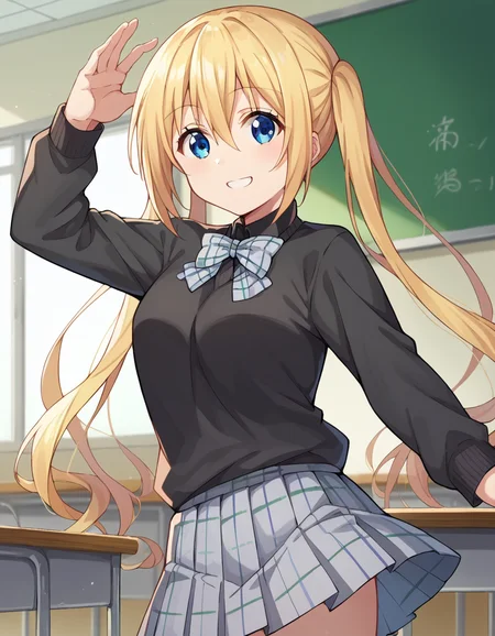 score_9, score_8_up, score_7_up, source_anime,
kahohinata, <lora:kaho-hinata-ponyxl-lora-nochekaiser:1>,
kaho hinata, blonde hair, blue eyes, hair between eyes, long hair, sidelocks, twintails, smile,
skirt, shirt, long sleeves, bow, school uniform, pleated skirt, collared shirt, bowtie, sweater, plaid, black shirt, plaid skirt, grey skirt, black sweater, grey bow,
indoors, classroom,
looking at viewer, dutch angle, cowboy shot, dynamic pose,