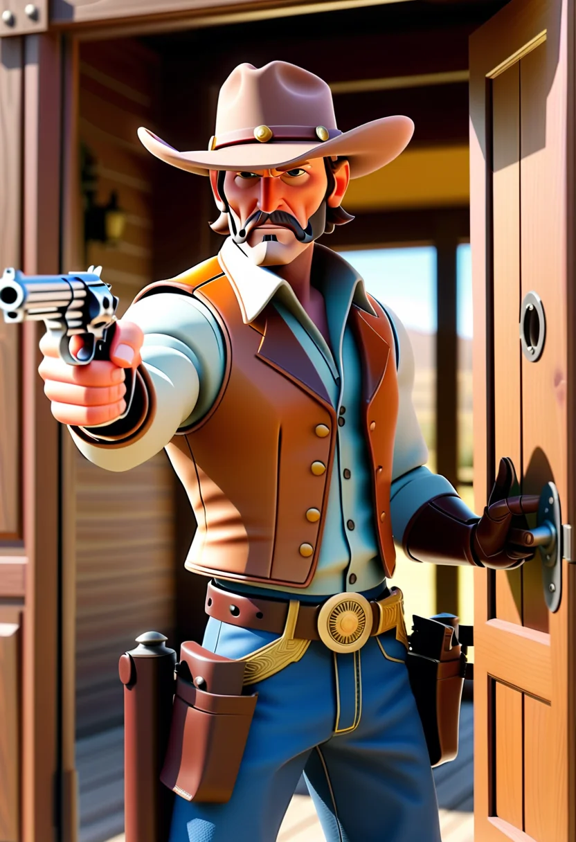 a mecha cowboy, pointing a revolver at the viewer, old western saloon doors in the background, cowboy six shooter, viewer looking down barrel,