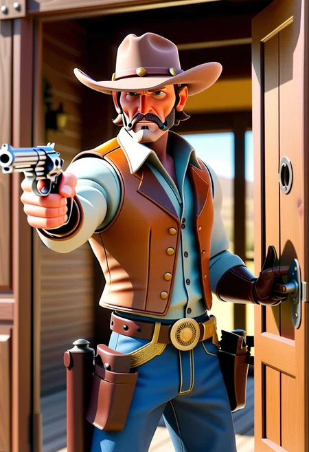 a mecha cowboy, pointing a revolver at the viewer, old western saloon doors in the background, cowboy six shooter, viewer looking down barrel,
