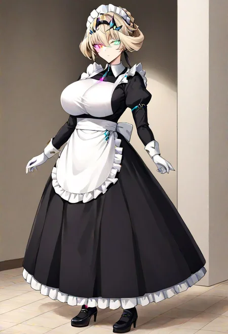 Barghest_Maid, platinum blonde hair, twin braids, short hair, sidelocks, hair up, hair bun, heterochromia, glowing eyes, maid headdress, frilled dress, pleated dress, juliet sleeves, maid apron, collar, black skirt, long skirt, white gloves,
masterpiece, best quality, very aesthetic, absurdres, 1milf, 1adult, solo, full_body, tachi-e,