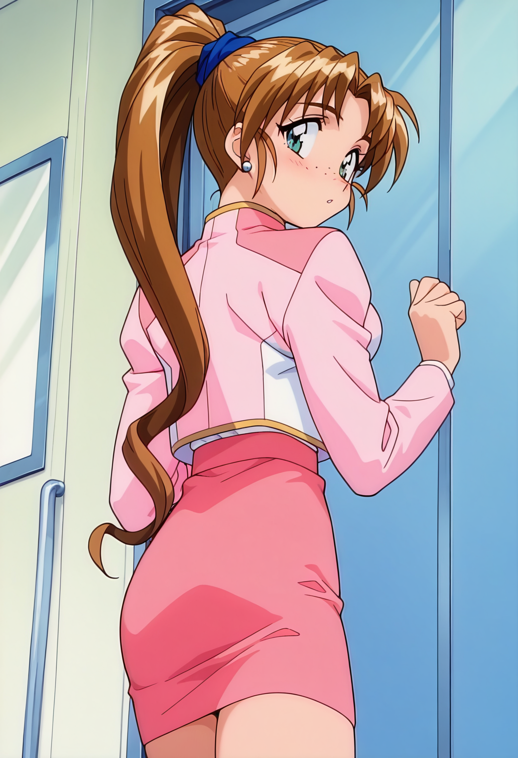 masterpiece, best quality, very aesthetic, absurdres, 1girl, solo, 1990s \(style\),
<lora:nina_mercury_v01:0.9>, nina_mercury, brown hair, long hair, high ponytail, green eyes, freckles, breasts,
earrings, pink jacket, long sleeves, pink skirt, pencil skirt, looking back, from behind, from below