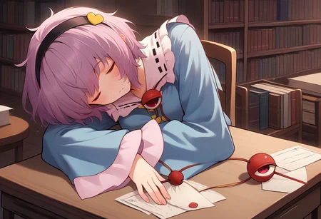 1girl, komeiji_satori, touhou, third_eye, black_hairband, blue_shirt, long_sleeves, frilled_sleeves, wide_sleeves, frilled_shirt_collar, pink_skirt, eyeball, heart_button, sitting, windows, books on table, letter, writting, sleeping, sleeping on chair, sitting on chair, large table, large desk