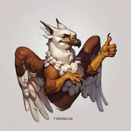 Score_7_up, score_8_up, score_9, upper body, gryphon, feral, beak, wings, white feathers, brown fur, (thumbs up), simple background,