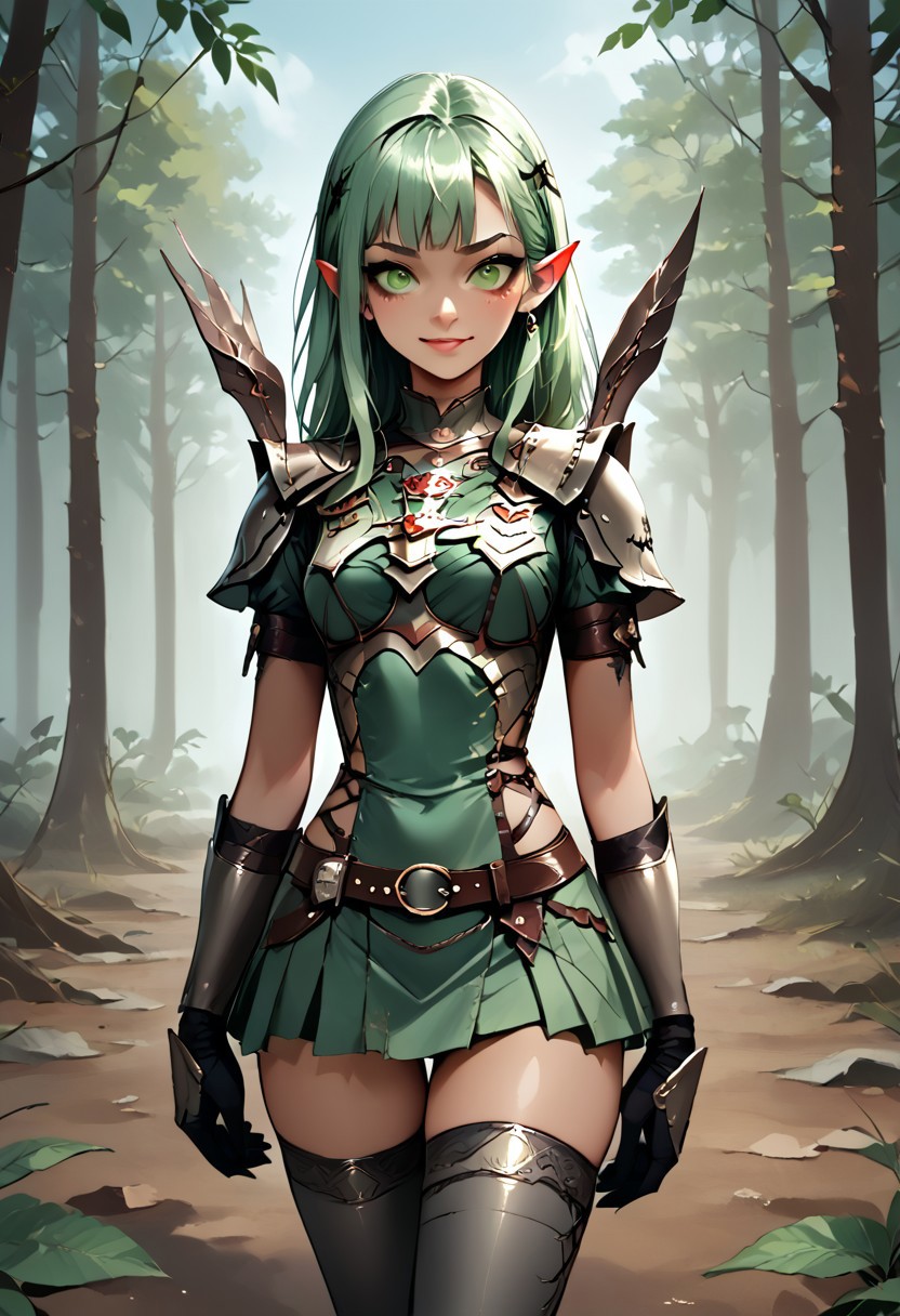 score_9, 1girl, Digital illustration featuring a fantasy-style elven character in a forest setting. The character is A 25-year-old goth darkelf with perfect face and perfect well-endowed hourglass figure lime green hair in long messy hairstyle. She is a darkelf with bleak dark skin and pointy ears, beautiful smile. she is dressed in full medieval-style armor, including shoulder plates, wrist guards, and a belt with a green cloth skirt adorned with various pouches and metal accents. The background is a lush, green forest with sunlight filtering through the trees, creating a mystical atmosphere. The character's facial expression is stern and determined, with green eyes and detailed tattoos on her arms.  WORLD MORPH LEAVES, RED LEAVES, DEAD LEAVES, PLANT GIRL, doom armor, thigh highs