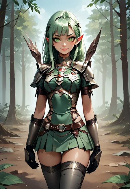 score_9, 1girl, Digital illustration featuring a fantasy-style elven character in a forest setting. The character is A 25-year-old goth darkelf with perfect face and perfect well-endowed hourglass figure lime green hair in long messy hairstyle. She is a darkelf with bleak dark skin and pointy ears, beautiful smile. she is dressed in full medieval-style armor, including shoulder plates, wrist guards, and a belt with a green cloth skirt adorned with various pouches and metal accents. The background is a lush, green forest with sunlight filtering through the trees, creating a mystical atmosphere. The character's facial expression is stern and determined, with green eyes and detailed tattoos on her arms. WORLD MORPH LEAVES, RED LEAVES, DEAD LEAVES, PLANT GIRL, doom armor, thigh highs