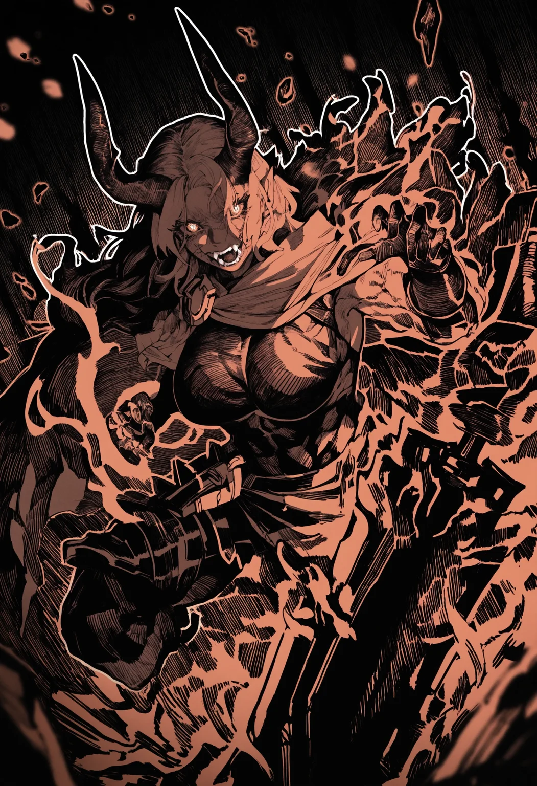 hatching\(texture\),monochrome, 1girl, tiefling, solo, large breasts, fire aura, fangs, powerful and muscular, deep red skin, sharp black horns, fiery golden eyes, long wild hair, battle-scarred, massive greatsword on shoulder, spiked leather armor, tattered cape, standing on a battlefield, embers in the air, cracked ground from impact, war cry, battle stance, intense expression,supernatural energy,shadowy background,gothic architecture,dramatic lighting, detailed background, depth of field,dynamic pose,dynamic composition,dutch angle,foreshortening,blurry edges, BREAK,highres,absurdres,masterpiece,newest,best quality,Visual impact,very awa,very aesthetic,amazing quality
