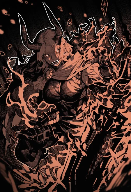 hatching\(texture\),monochrome, 1girl, tiefling, solo, large breasts, fire aura, fangs, powerful and muscular, deep red skin, sharp black horns, fiery golden eyes, long wild hair, battle-scarred, massive greatsword on shoulder, spiked leather armor, tattered cape, standing on a battlefield, embers in the air, cracked ground from impact, war cry, battle stance, intense expression,supernatural energy,shadowy background,gothic architecture,dramatic lighting, detailed background, depth of field,dynamic pose,dynamic composition,dutch angle,foreshortening,blurry edges, BREAK,highres,absurdres,masterpiece,newest,best quality,Visual impact,very awa,very aesthetic,amazing quality