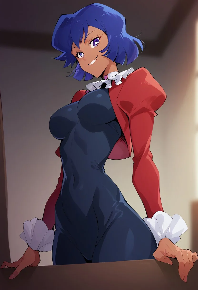 score_9, score_8_up, score_7_up, score_6_up, 2d, cartoon, 1girl, solo, cowboy shot, perfect face, perfect eyes, 1girl, Misty Honey, tanned skin, blue hair, short hair, purple eyes, smile, thin waist, slim waist, standing, looking down at viewer, (((medium breasts))), ((medium ass)), jewelry, red jacket, skintight bodysuit, multicolored bodysuit, red and blue bodysuit, upper body focus, bedroom