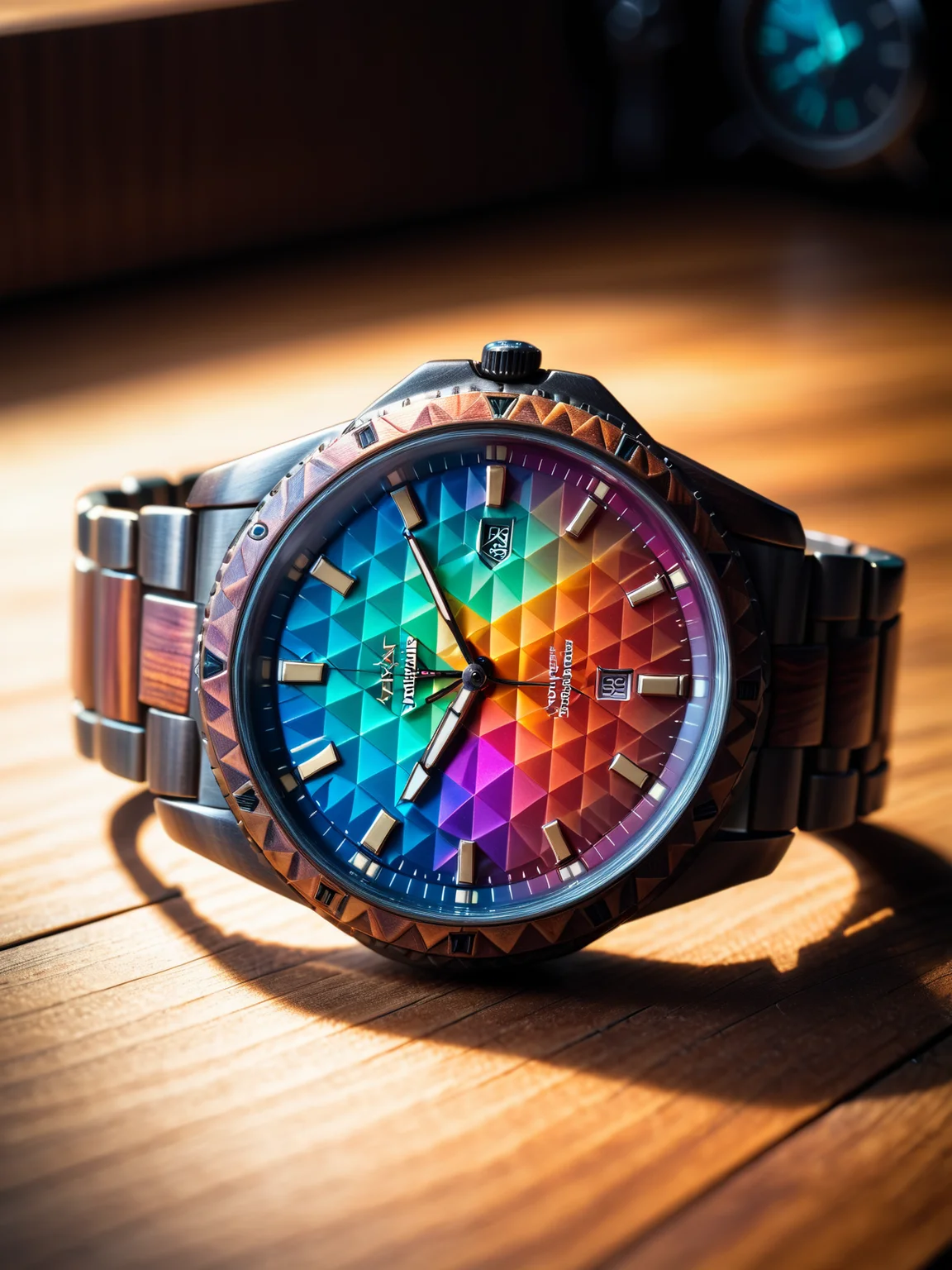 close-up of colorful mad-triangle watch lying on wooden table, light rays <lora:Colorful_Triangle_SDXL_v2:0.6>, raw photo, film grain, Fujifilm XT3, (photorealistic, realistic:1.2), deep shadow, 8k, uhd, dslr, ultra high res