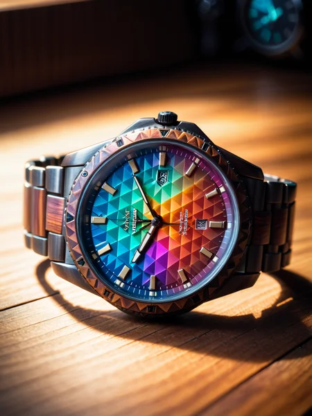 close-up of colorful mad-triangle watch lying on wooden table,  light rays <lora:Colorful_Triangle_SDXL_v2:0.6>, raw photo, film grain, Fujifilm XT3, (photorealistic, realistic:1.2), deep shadow,  8k, uhd, dslr, ultra high res