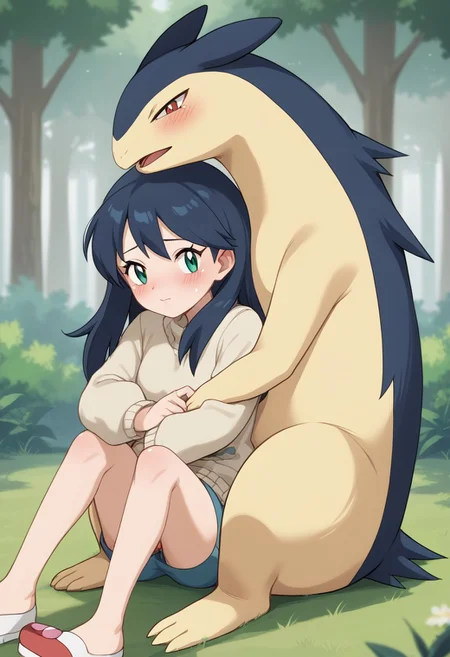 (source_anime, score_9, score_8_up, score_7_up:1), pmandgal, hugging, 1girl, 1poke, female human, male typhlosion, black hair, green eyes, beige sweater, looking at viewer, outdoors, forest, pokemon \(classic anime\), anime screencap, rating_safe