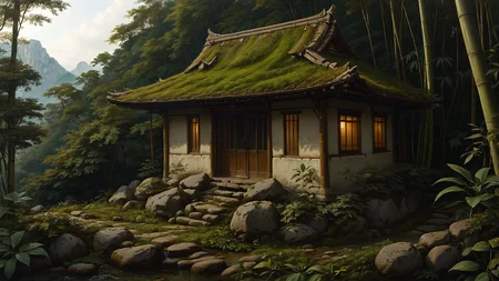 A hilltop Japanese tea house in a bamboo forest, where the rustle of leaves creates a serene ambiance,, Spotlighting,, sunbeams, realistic, 8k, complimentary colors, masterpiece, by Greg Rutkowski, matte painting, trending on artstation <lora:SDXLFaeTastic2400:0.8> <lora:EnvyFeverDreamXL01a:0.7> <lora:The_Classic:0.8>
