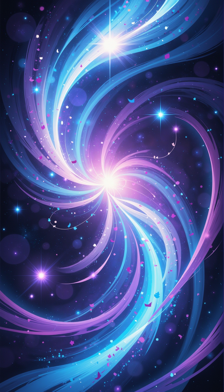 Kaleidoscopic, abstract digital art of a galaxy lullaby, swirling blues, purples, and silvers, Stars in various shapes and sizes, some twinkling, some with trailing tails, Lullaby notes in pastel colors weaving through the galaxy, Cosmic dust and star clouds, Dreamy and calming atmosphere, Intricate, detailed background, Vibrant colors, High resolution, Surreal, Psychedelic, Illustration, Wallpaper, Concept Art, Artstation, Digital Art