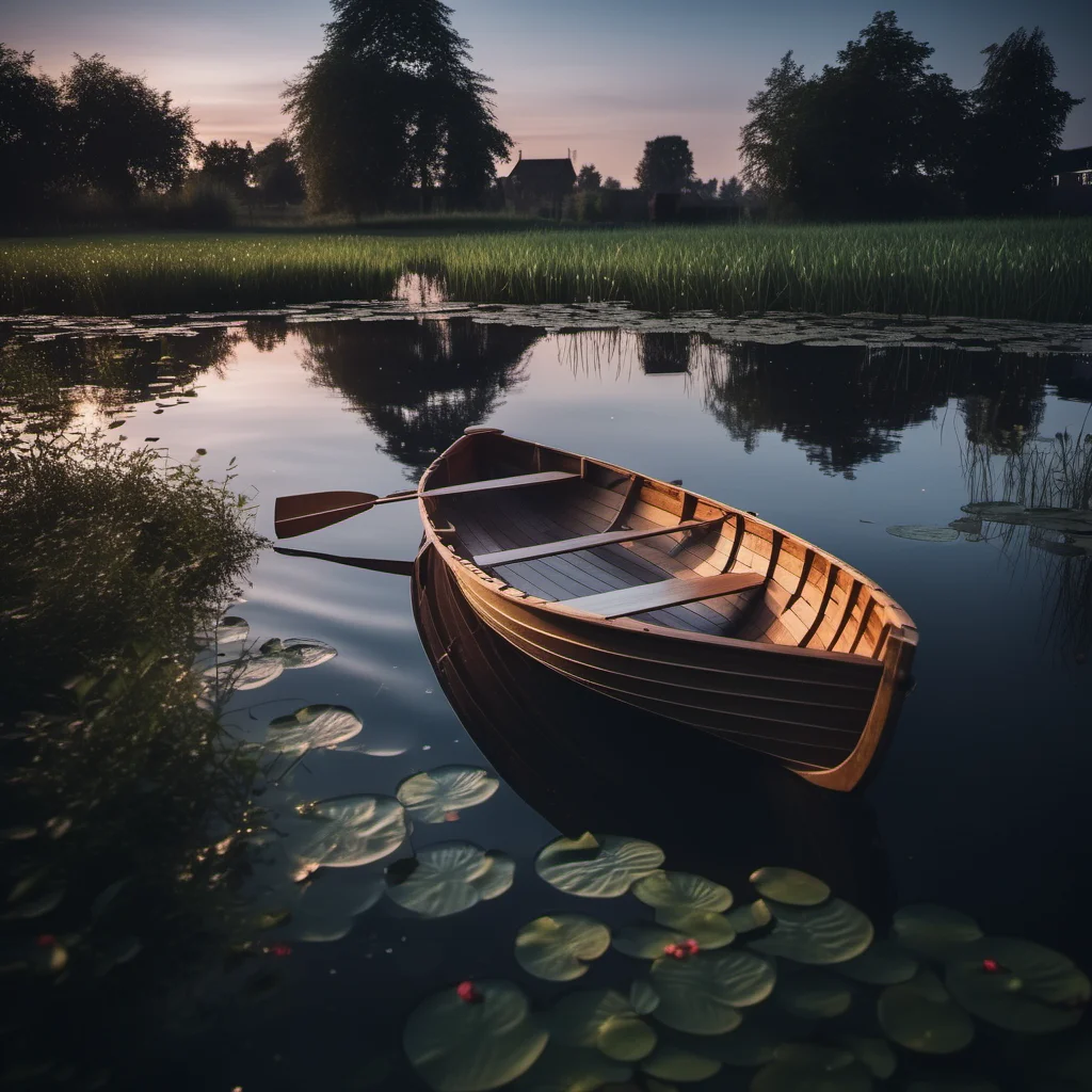 cinematic photo wooden rowboat on pond bank, evening dark night garden small pond, water surface ripples texture, water circles, <lora:Ripples-SDXL:0.85> , atmospheric . 35mm photograph, film, bokeh, professional, 4k, highly detailed