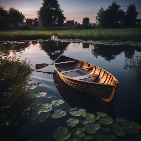 cinematic photo wooden rowboat on pond bank, evening dark night garden small pond, water surface ripples texture, water circles, <lora:Ripples-SDXL:0.85> , atmospheric . 35mm photograph, film, bokeh, professional, 4k, highly detailed