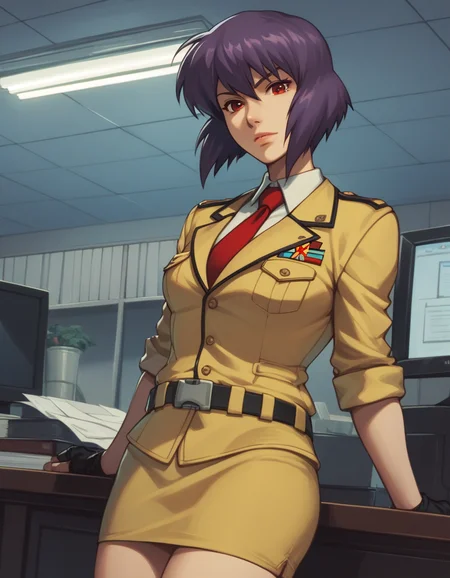 score_9, score_8_up, score_7_up, score_6_up, score_5_up, score_4_up,
<lora:kusanagi-ponyxl-000009:1>
kusanagi motoko, military, military uniform, red tie, yellow skirt suit, ribbon bar, sam browne belt,
looking at viewer, office
