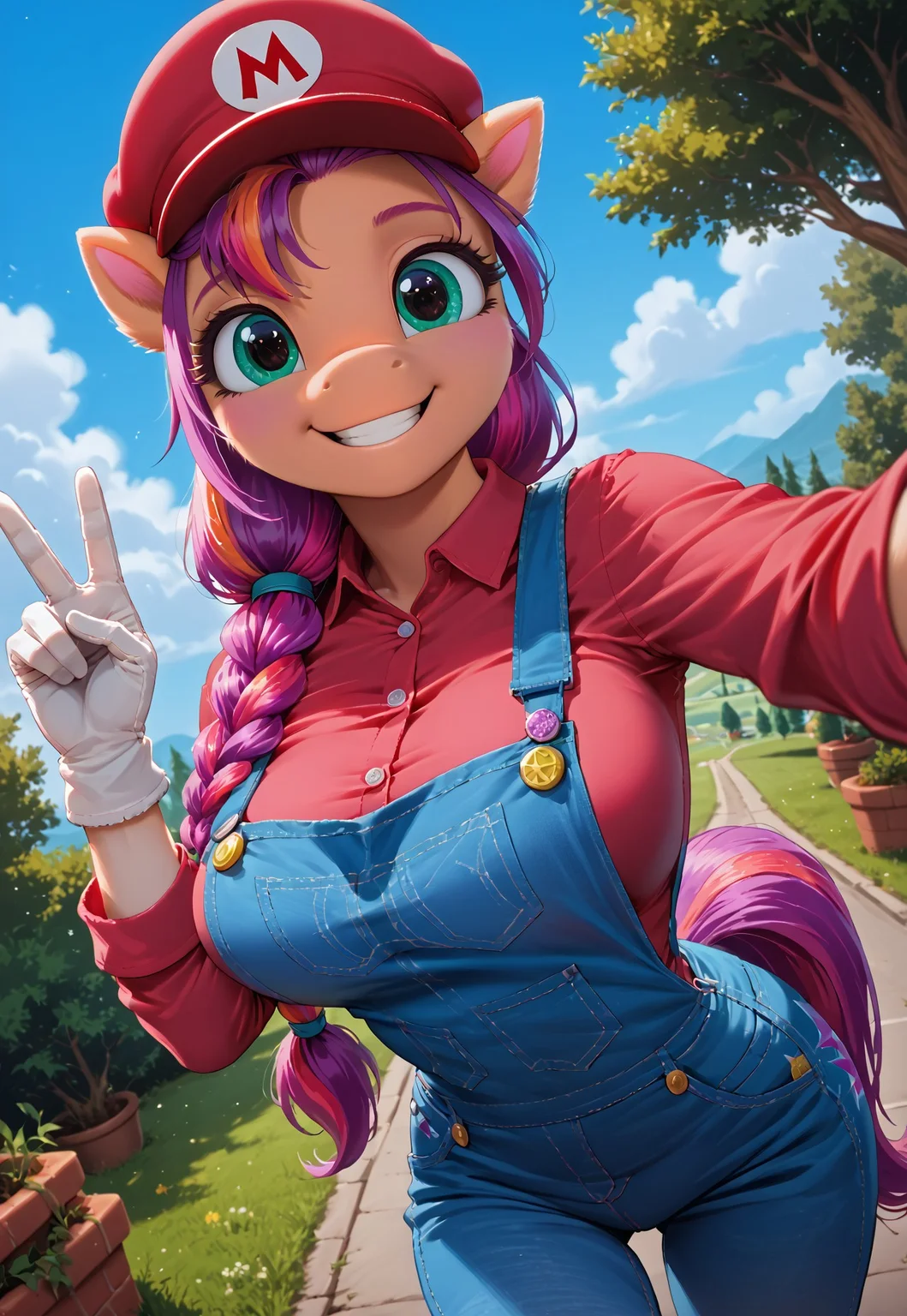 score_9, score_8_up, score_7_up, score_6_up, score_5_up, score_4_up, source_pony, my little pony, anthro pony, 1girl, solo, sexy, round breasts, beautiful, detailed, high detailed, very beautiful, detailed cute pony face, detailed eyes, detailed hand, detailed fur, vibrant colors, vector, huge breasts, dynamic pose, super-wide angle shot, extreme perspective, Sunny Starscout_(mlp), (make your mark:1.0), 5fingers, (from above:1.3), selfie, <lora:mario-cosplay-ponyxl-lora-nochekaiser:1>, mariocosplay, mario \(cosplay\), blue overalls, overalls, shirt, red shirt, long sleeves, collared shirt, hat, red hat, gloves, forrest, Star, Hoovesart, peace, mouth abit open, star, pony ears, ears down,