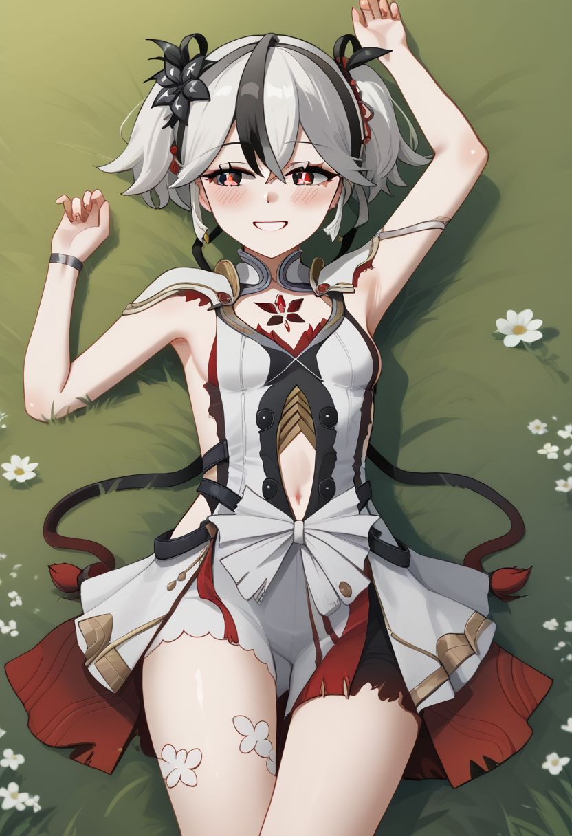 1girl, solo, blush, black hair, hair ornament, dress, navel, short twintails, jewelry, flower, white hair, multicolored hair, small breasts, lying, on back, armpits, slate eyes, red pupils, diamond-shaped pupils, submissive pose, Camellya, tacet mark \(wuthering waves\), laying in grass, smile