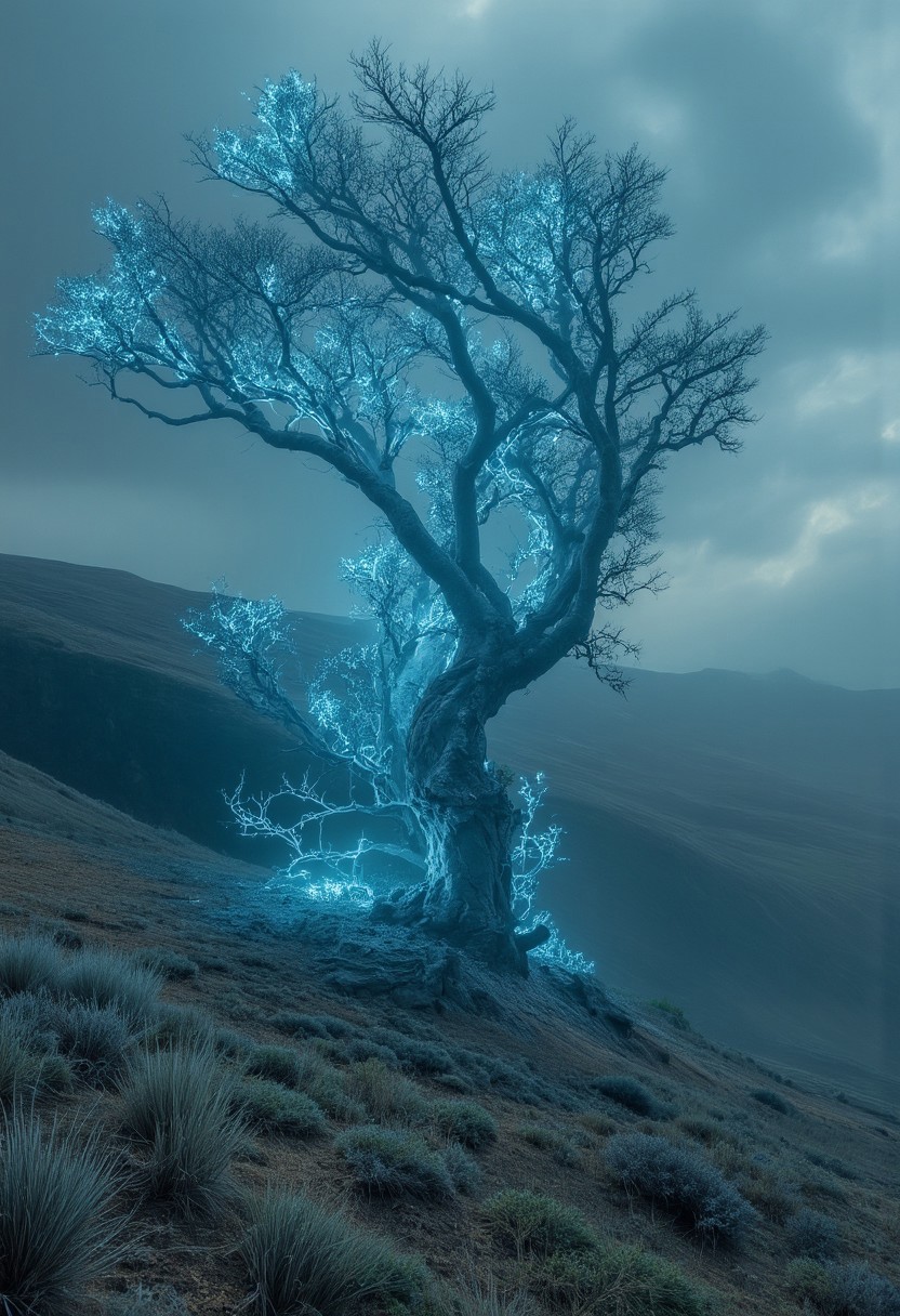 an elysium landscape scenery with an blueish white towering tree on a vast sci-fi meadow on an otherworldly planet, muted colors