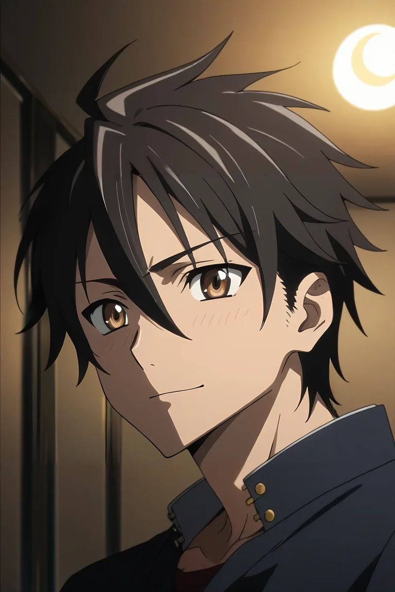 score_9, score_8_up, score_7_up, source_anime, rating_safe, , semi-realistic, , , 1boy, solo, male focus, <lora:takashi_komuro_pony:0.9>, takashi_komuro, black hair, brown eyes, short hair, hair between eyes, close-up, dining room, night, crescent moon, one leg up, light smile, , <lora:sdxl_lightning_8step_lora:1>