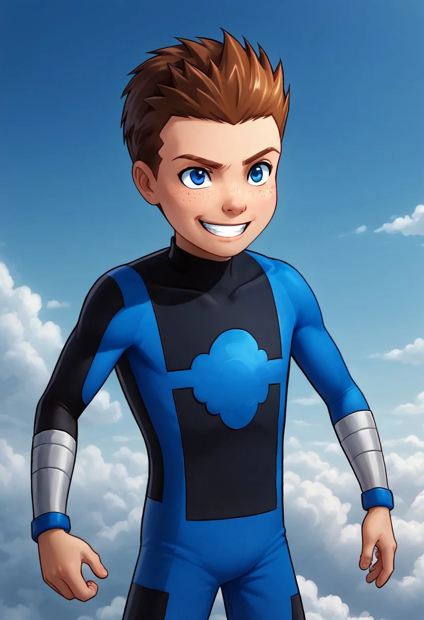 Masterpiece, 1boy, solo, cute boy, Jack Power, Blue Eyes, Brown Hair, Freckles, Mass Master, Blue and Black Bodysuit, transforming into steam, grin, cloudAI, transforming into cloud, cloud lower body,