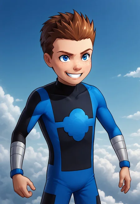 Masterpiece, 1boy, solo, cute boy, Jack Power, Blue Eyes, Brown Hair, Freckles, Mass Master, Blue and Black Bodysuit, transforming into steam, grin, cloudAI, transforming into cloud, cloud lower body,