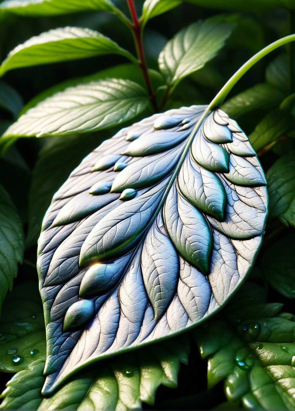 An ais-rghhwn dewdrop clinging to a leaf, its reflective surface shimmering like a tiny, faceted crystal <lora:ais-rghhwn-sdxl:1.1>