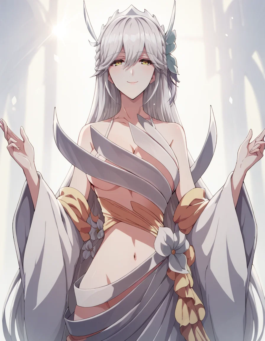 score_9, score_8_up, score_7_up, source_anime,
1girl, solo, looking at viewer, simple background, evil smile, standing, both hands up, from below, sun ray, light rays, light particles,
vysis, silver hair, very long hair, hair between eyes, hair ornament, hair flower, braid, yellow eyes,
scanty dress, white dress, collarbone, cleavage, breasts, navel, flower ornament, detached sleeves, wide sleeves, flower,
<lora:vysis_anime_v2-soralz:1>