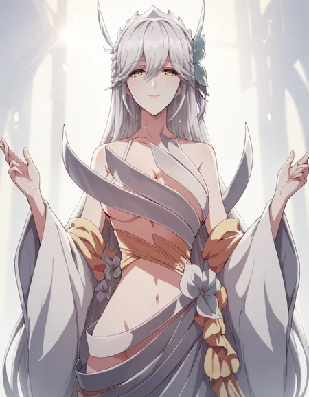 score_9, score_8_up, score_7_up, source_anime,
1girl, solo, looking at viewer, simple background, evil smile, standing, both hands up, from below, sun ray, light rays, light particles,
vysis, silver hair, very long hair, hair between eyes, hair ornament, hair flower, braid, yellow eyes,
scanty dress, white dress, collarbone, cleavage, breasts, navel, flower ornament, detached sleeves, wide sleeves, flower,
<lora:vysis_anime_v2-soralz:1>