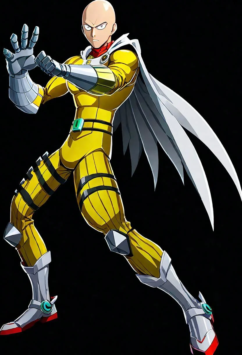 ncrender of saitama from one punch man as a cyborg hero of justice who can defeat any enemy in a single punch,simple background,black background