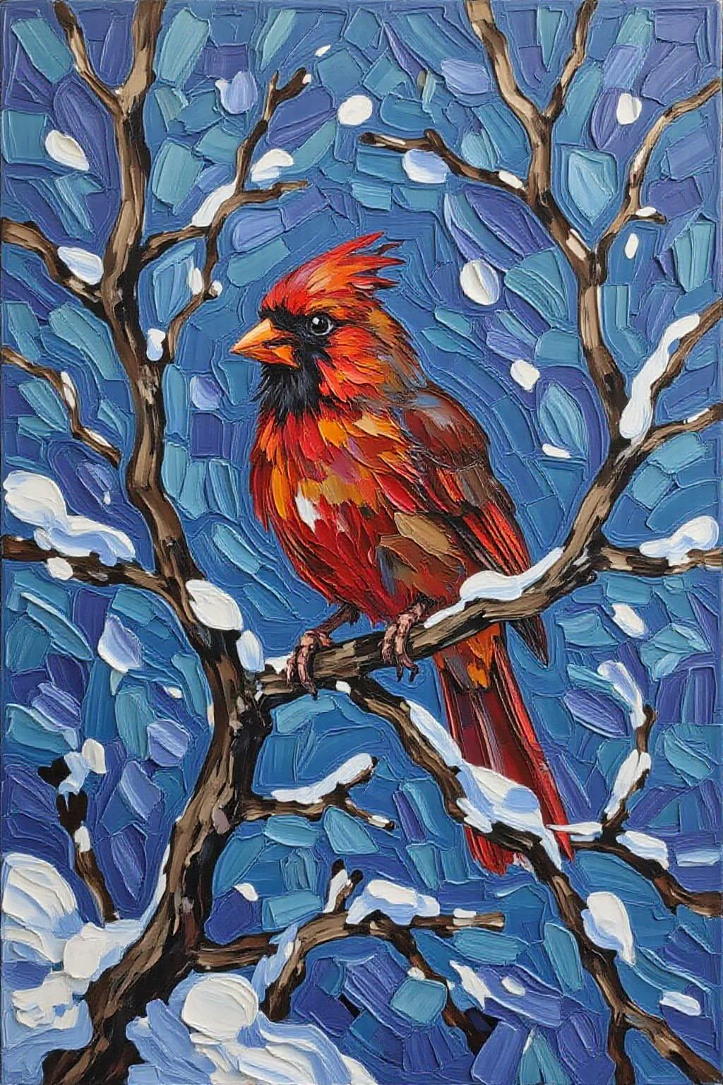 impasto oil painting. a red cardinal perched on a branch during a snowstorm   <lora:Flux-Sch-SingleBlocks-BF16:1.0> <lora:impasto6_cap_d6a3e11:1.0><lora:804334919695243778:0>