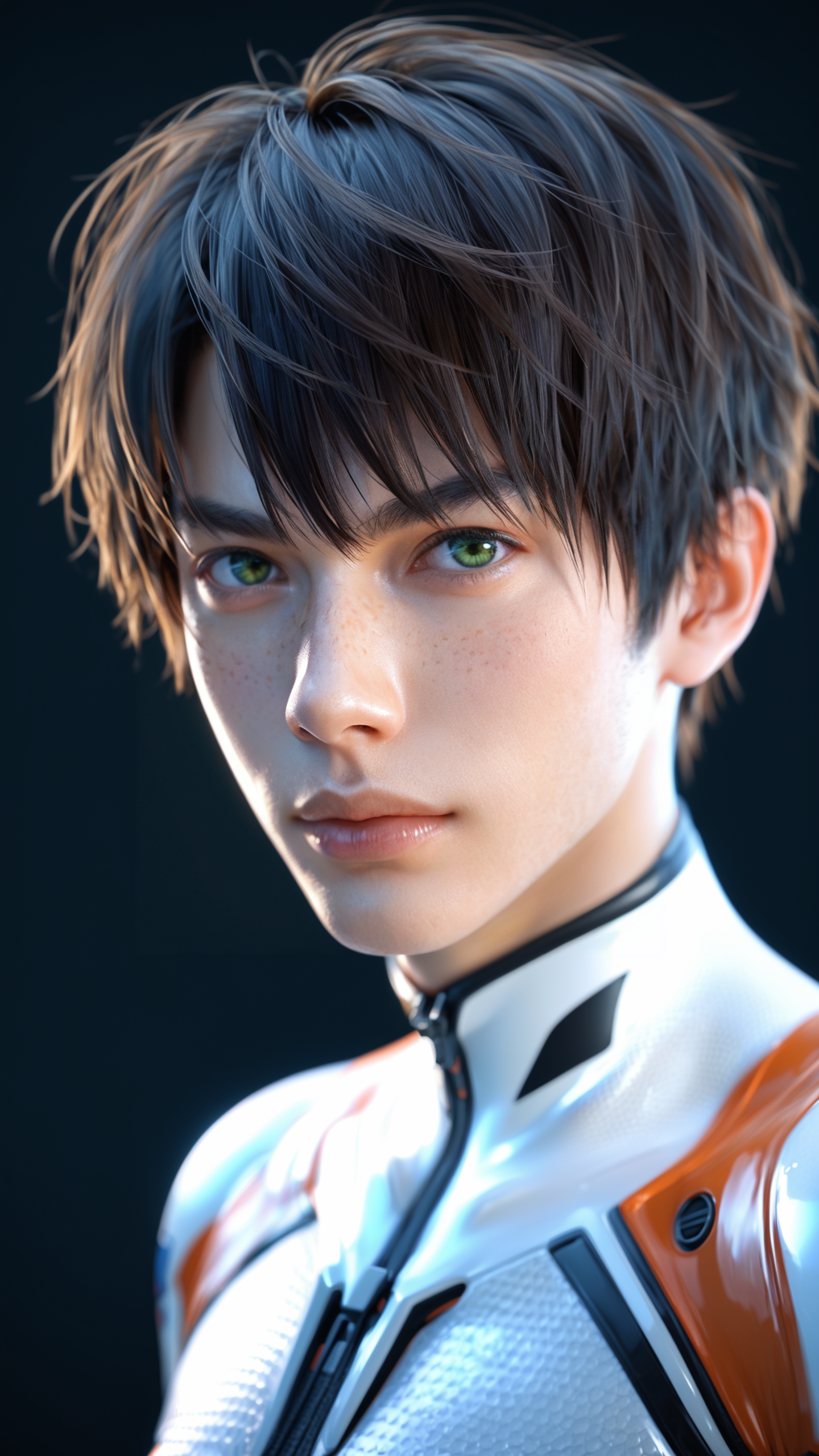 score_9, score_8_up, score_7_up, i want the whole image to be created in 3D anime style, solo, looking at viewer, short hair, bangs, simple background, brown hair, black hair, 1boy, closed mouth, green eyes, upper body, male focus, lips, cosplay, bodysuit, black background, portrait, freckles, realistic, pilot suit, plugsuit, white bodysuit, ikari shinji