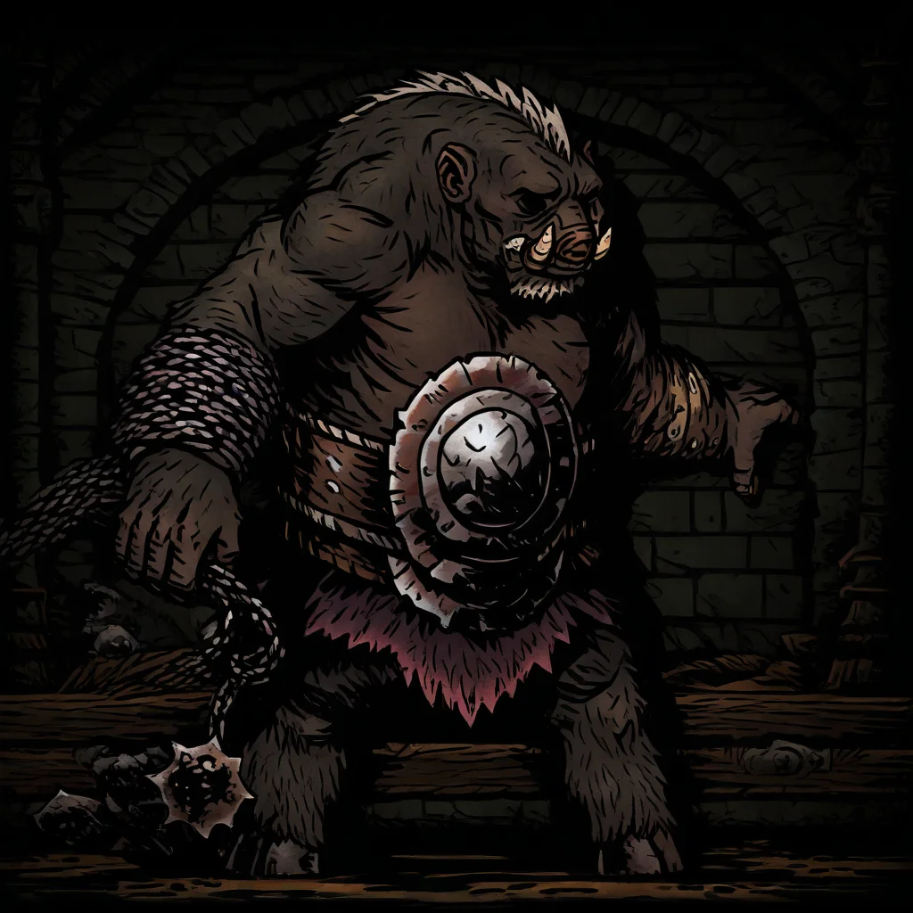 masterpiece, best quality, newest, absurdres, highres, anime, anime style, DDstyle, official style, black eyes, shaded eyes, DDWarrens-BGV1.0, dark, scenery, indoors, 1boy, DD-SwinemanV1.0-SCHOP, muscular, monster boy, tusks, belt, axe,
