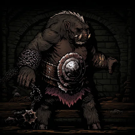 masterpiece, best quality, newest, absurdres, highres, anime, anime style, DDstyle, official style, black eyes, shaded eyes, DDWarrens-BGV1.0, dark, scenery, indoors, 1boy, DD-SwinemanV1.0-SCHOP, muscular, monster boy, tusks, belt, axe,