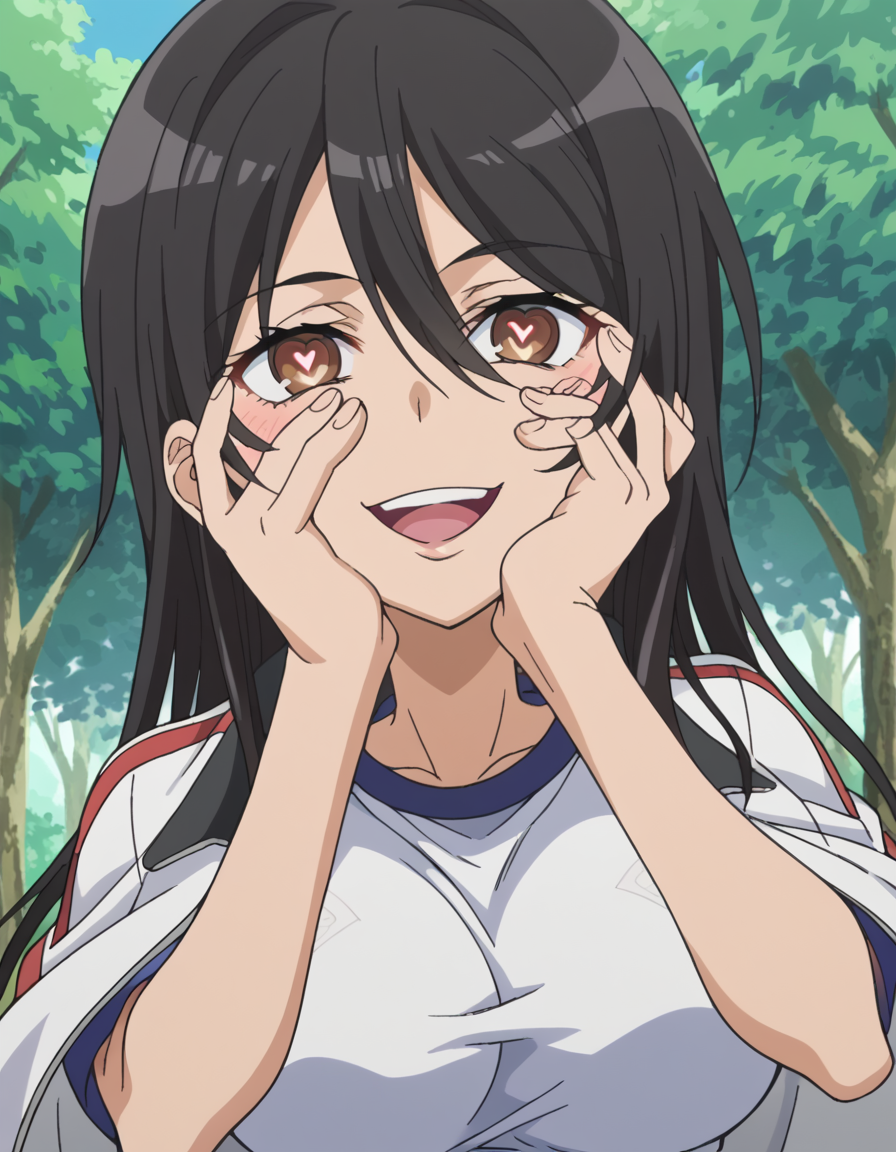 score_9, score_8_up, score_7_up, source_anime, <lora:seiri-fukiyose-indexs2-ponyxl-lora-nochekaiser:1>, seiri fukiyose, long hair, black hair, brown eyes, hair between eyes, anime screencap,, large breasts, shirt, jacket, shorts, gym uniform, blue shorts, track jacket, jacket on shoulders, gym shorts, bike ride, countryside, dirt road, trees, afternoon sun, peaceful, alone, , <lora:yandere-trance-ponyxl-lora-nochekaiser:1>, yandere trance, yandere, hands on own cheeks, hands on own face, crazy eyes, crazy smile, crazy, heart-shaped pupils, glowing eyes, symbol-shaped pupils, hand on own face, open mouth, glowing, blush, looking at viewer,, looking at viewer, solo,, dutch angle, cowboy shot