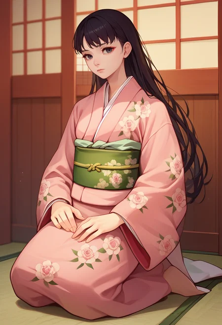 score_9, score_8_up, score_7_up, solo, 1girl, yukikokimono, expressionless, kneeling, japanese clothes, pink kimono, floral print, green sash, obi, indoors <lora:persona4_amagi_ponyXL-000007:1>