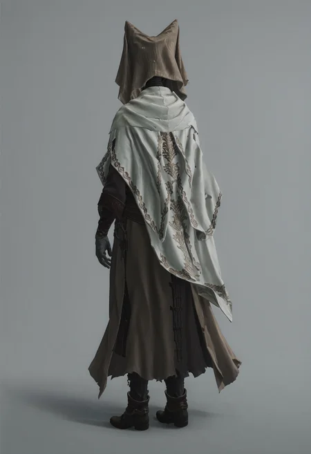 score_9, score_8_up, score_7_up, score_6_up, score_5_up, score_4_up, 1girl, <lora:NightMaiden:0.85> solo, colored skin, black skin, faceless, veil, helmet, robe, armor, gloves, cape, boots, full body, view from behind, standing,
(light blue background:1.15), simple background,
