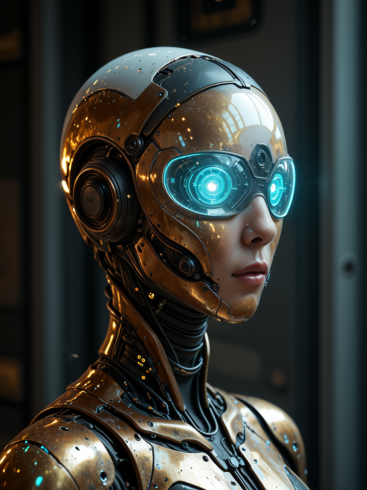 Masterpiece, extremely realistic, highly detailed, glossy magazine, professional photoshoot, technical, futuristic, cyberpunk, sci-fi, neon, future, hologram, portrait of a floating metallic bust over a white metallic surface BREAK mrblhdCE_style
