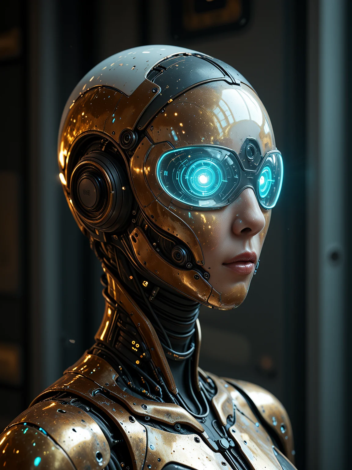 Masterpiece, extremely realistic, highly detailed, glossy magazine, professional photoshoot, technical, futuristic, cyberpunk, sci-fi, neon, future, hologram, portrait of a floating metallic bust over a white metallic surface BREAK mrblhdCE_style