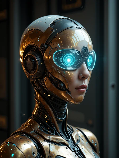 Masterpiece, extremely realistic, highly detailed, glossy magazine, professional photoshoot, technical, futuristic, cyberpunk, sci-fi, neon, future, hologram, portrait of a floating metallic bust over a white metallic surface BREAK mrblhdCE_style