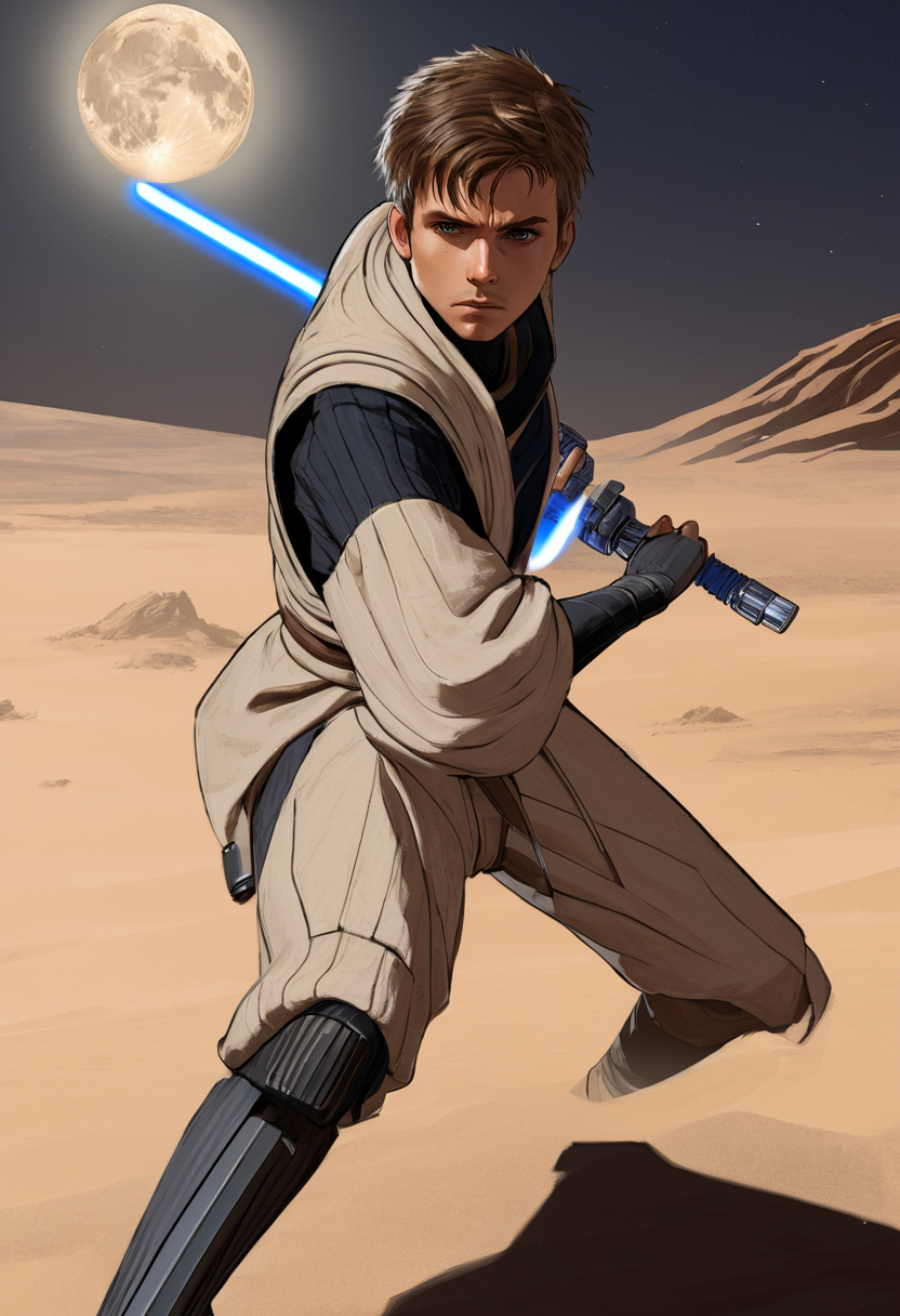 1boy,
battoujutsu sword stance,ready to draw,
glowing lightsaber,
jedi outfit,
serious, focused,agressive,
desert sand background, moon, futuristic,landed spaceship,
 <lora:battoujutsu-sword-stance:1>