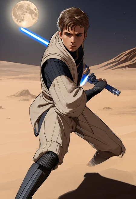 1boy,
battoujutsu sword stance,ready to draw,
glowing lightsaber,
jedi outfit,
serious, focused,agressive,
desert sand background, moon, futuristic,landed spaceship,
 <lora:battoujutsu-sword-stance:1>