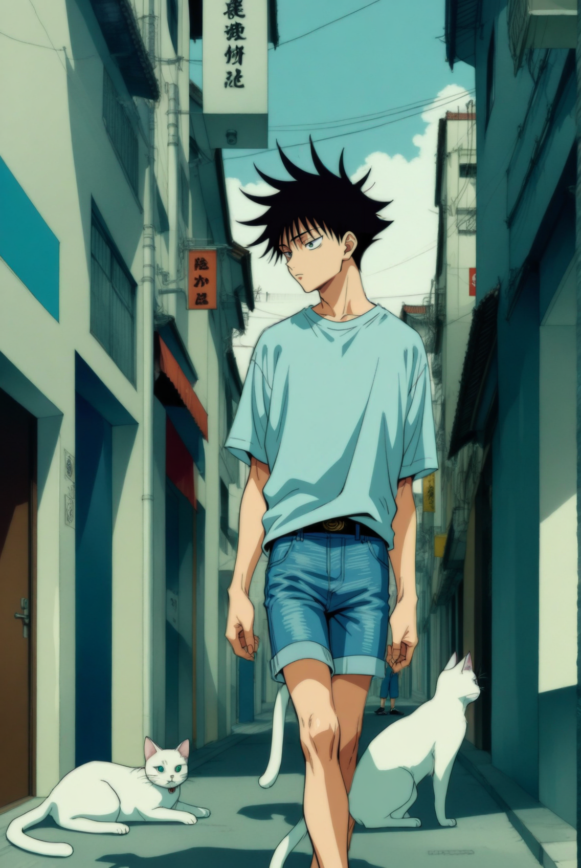1boy, male focus, fushiguro megumi, jujutsu kaisen , (90s anime style:1.5), front view, outdoors, street view, (looking down:1.3), perfecteyes, shirt, denim shorts, (a single white cat sitting next to them) <lora:detailed_notrigger:1> <lora:ParchartXL_CODA:0.2> <lora:Isometric Cutaway:1> <lora:PerfectEyesXL:1> <lora:Surreal Harmony:0.2>
