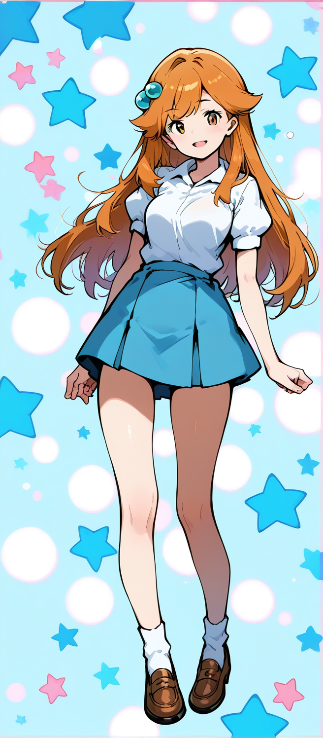 2d, masterpiece, best quality, amazing quality, 1girl, solo, close-up, standing, smile, full body, looking at viewer, simple background, colorful background, hearts, stars, lassfrlg, brown eyes, orange hair, long hair, bangs, hair bobbles, white shirt, collared shirt, short sleeves, puffy sleeves, blue skirt, pleated skirt, miniskirt, white socks, loafers, brown footwear, score_9, score_8_up, score_7_up,source_anime
