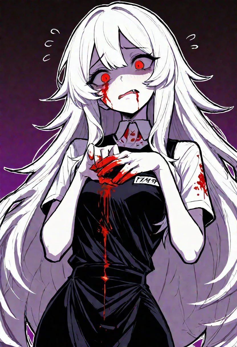 <lora:748cmSDXL:1>, best quality, masterpiece, 748cmstyle, 1girl, white hair, really long hair, red eyes, pale skin, worried embarrassed expression, upper body, white outline, sketch, small breasts, natural hand pose, fang, clothed mouth, muted purple color focus, ((blood dripping down face)), blood splattered on clothing, deli uniform, head tilt