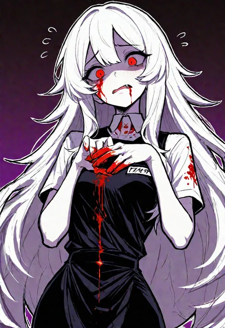 <lora:748cmSDXL:1>, best quality, masterpiece, 748cmstyle, 1girl, white hair, really long hair, red eyes, pale skin, worried embarrassed expression, upper body, white outline, sketch, small breasts, natural hand pose, fang, clothed mouth, muted purple color focus, ((blood dripping down face)), blood splattered on clothing, deli uniform, head tilt